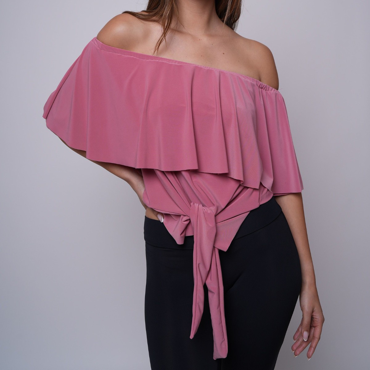 Polera Sin Hombro Con Vuelo Palo Rosa