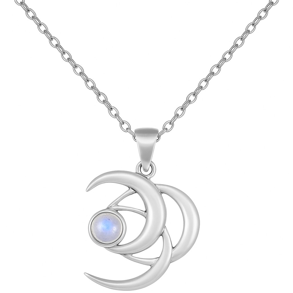 Collar de Plata 925 Triple Luna con Piedra Luna
