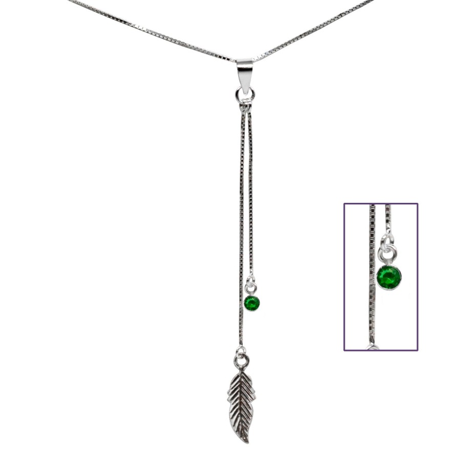 Collar de Plata 925 Diseño Pluma Colgante Circón Verde