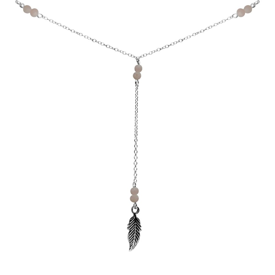 Collar de Plata 925 Pluma con Piedra de Cuarzo Rosa